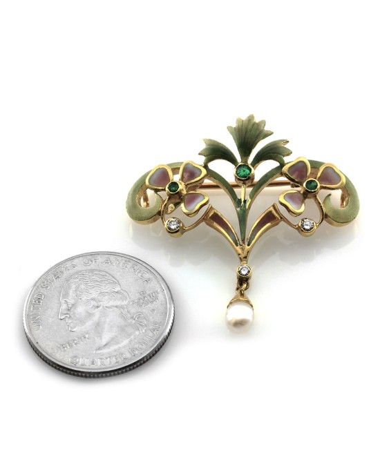Nouveau 1910 Enamel, Diamond, Emerald & Pearl Pin/ Pendant in 18K Yellow Gold